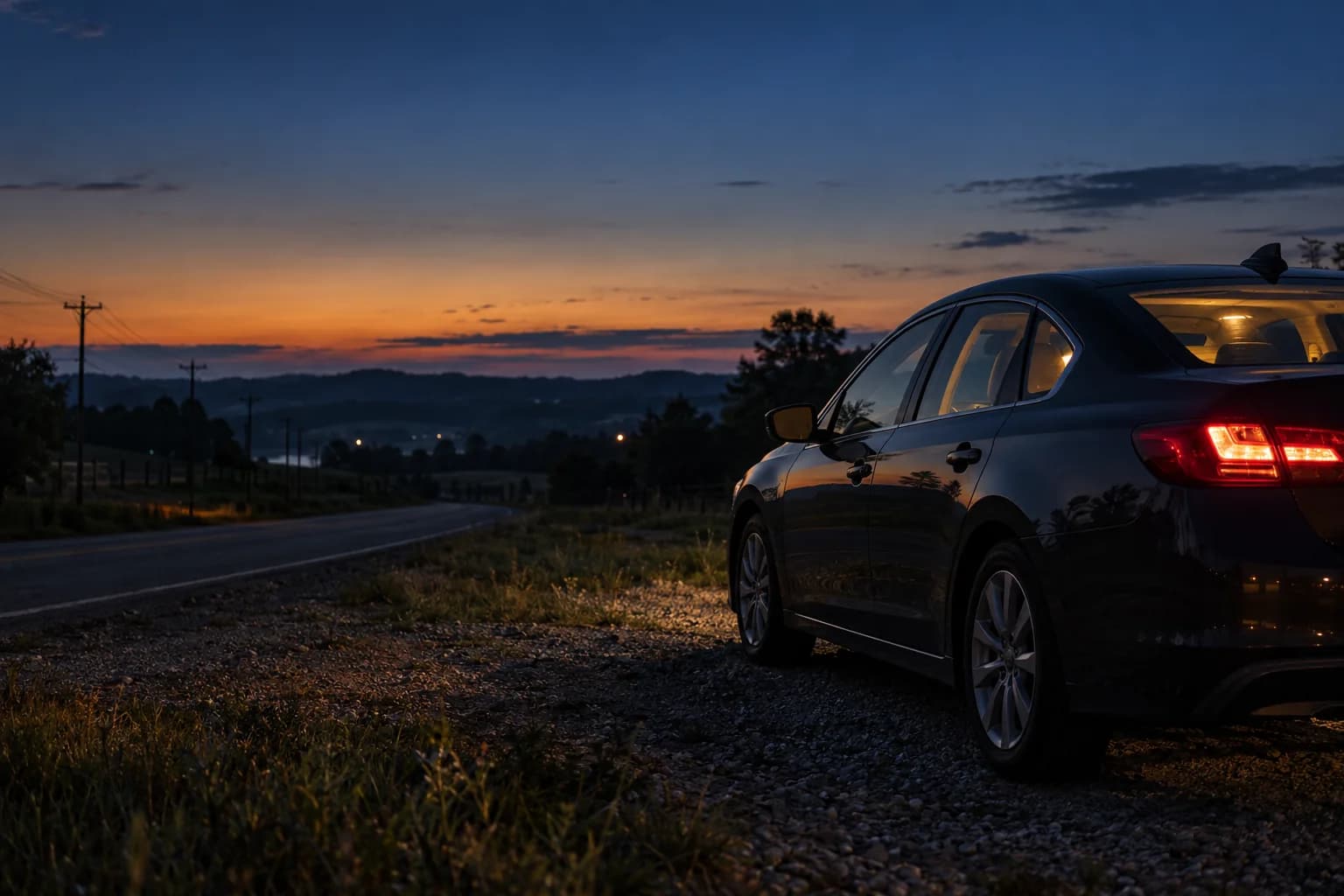 Illustration of a sedan beside a Kentucky road at dusk
